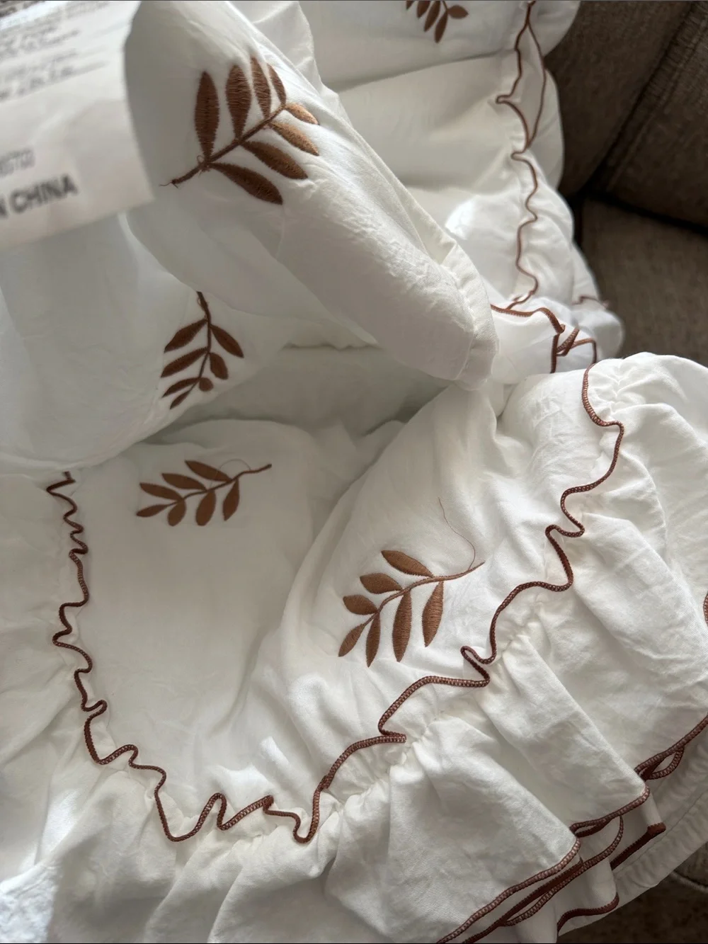 Embroidered King Quilt Set in Cream with Brown Leaf Motif